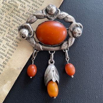 Natural Amber Antique Brooch Silver From 1920s Baltic Amber Art Nouveau 14.6g #2533
