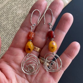 Unique design handmade sterling silver earrings with amber #1850