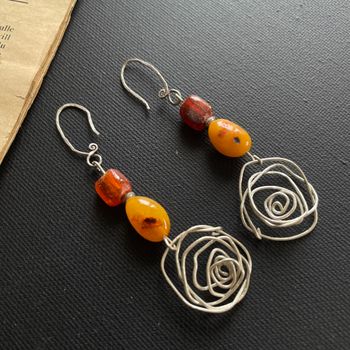 Unique design handmade sterling silver earrings with amber #1850