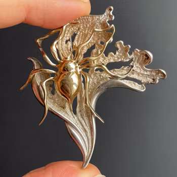 Modernist design Scandinavian design 925 sterling silver spider on a leaf brooch #1862