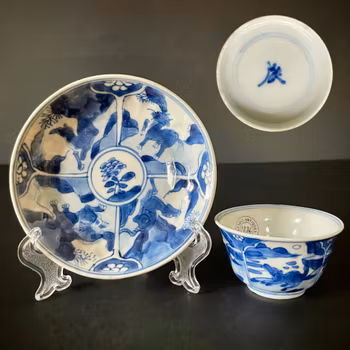 Chinese antique teacup and saucer, Auspicious Beasts 瑞兽, Kangxi period #1876