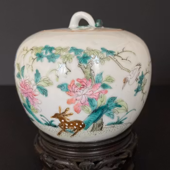 Chinese Antique Lidded Jar, 鹤鹿同春Late Qing #1890