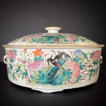 Large Chinese Antique porcelain Famille Rose bowl With Lid, Late Qing #1912