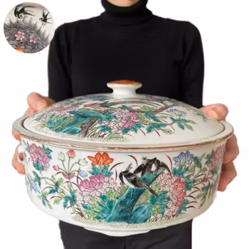 Large Chinese Antique porcelain Famille Rose bowl With Lid, Late Qing #1912