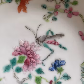 Chinese antique porcelain saucer famille rose with flowers and insects 19c #1925