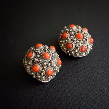 Vintage Chinese export filigree silver clip earrings with coral 50s #1937
