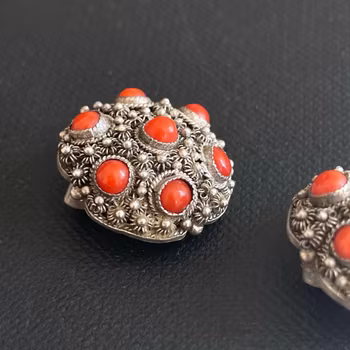 Vintage Chinese export filigree silver clip earrings with coral 50s #1937