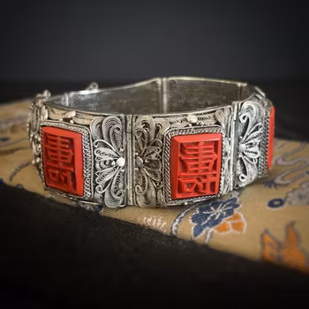 Vintage Chinese silver filigree bracelet with carved lacquer / wood carvings 60s