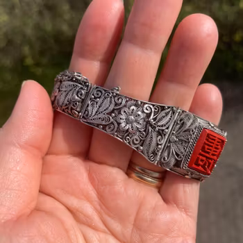 Vintage Chinese silver filigree bracelet with carved lacquer / wood carvings 60s