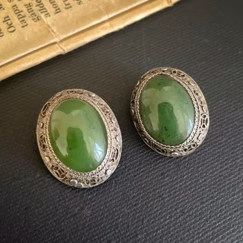 Vintage Chinese export filigree silver clip earrings with green stone 60s #1950