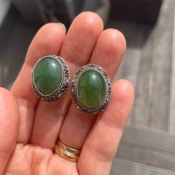 Vintage Chinese export filigree silver clip earrings with green stone 60s #1950