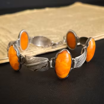 Antique handmade silver bracelet with amber butterscotch egg yolk #1951