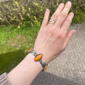 Antique handmade silver bracelet with amber butterscotch egg yolk #1951