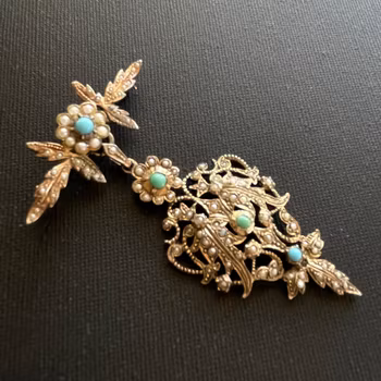 Antique handmade gilded silver brooch / pendant with pearl and turquoise #1971