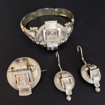 Antique jewelry set solid silver bracelet brooch earrings from 1880s #1985