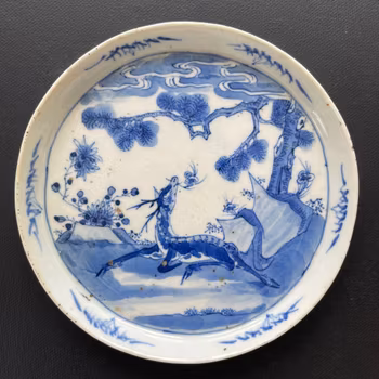 Chinese Antique Blue and White Teapot Tray, Qing Dynasty 19th century 松鹿灵芝图 #1987