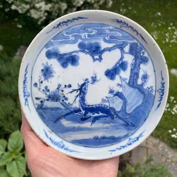 Chinese Antique Blue and White Teapot Tray, Qing Dynasty 19th century 松鹿灵芝图 #1987