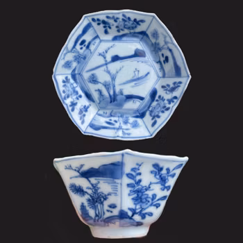 A BLUE AND WHITE HEXAGONAL CUP AND SAUCER, Transition / Kangxi period #2006