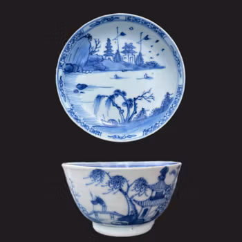 Chinese Antique blue and white Porcelain teacup + saucer, 18c #2012,#2013