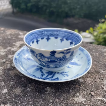 Chinese Antique blue and white Porcelain teacup + saucer, 18c #2012,#2013