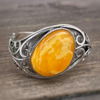 Large vintage Natural amber bracelet bangle handmade with solid silver egg yolk butterscotch 40g