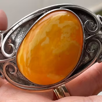 Large vintage Natural amber bracelet bangle handmade with solid silver egg yolk butterscotch 40g
