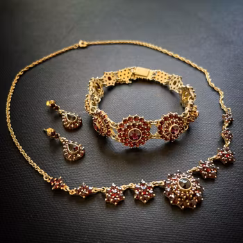 Antique Bohemian Garnet Necklace + Bracelet + Earrings Set Gilt 830 Silver #2021