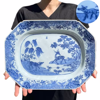 Chinese antique Platter blue and white with deers and water buffalo, Qianlong period #2028