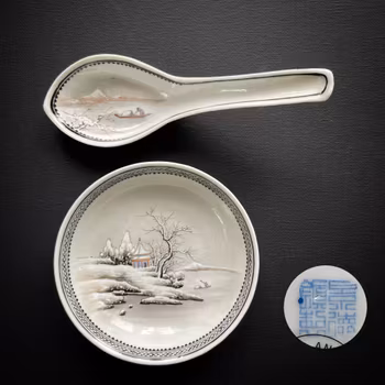 Chinese vintage soya dish and spoon with snow landscape