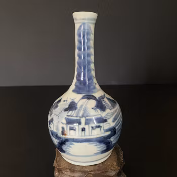 Chinese Antique blue and white bottle vase decorated with landscape , 18th/19th c #2057