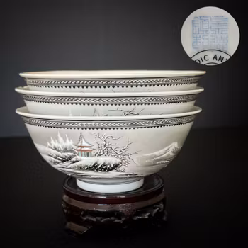 3 Chinese vintage bowls with snow landscape #2058, 2059, 2060
