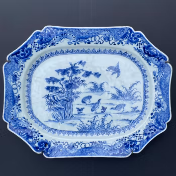 Chinese antique platter in underglazed blue and white with Quails, 18th c #2067