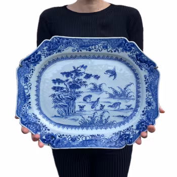 Chinese antique platter in underglazed blue and white with Quails, 18th c #2067