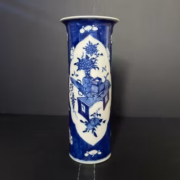 Chinese antique blue and white sleeve vase, Bogu decoration,  late Qing Dynasty #2091