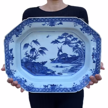 Chinese Antique deep porcelain platter decorated in underglazed blue and white, 18th c #2082