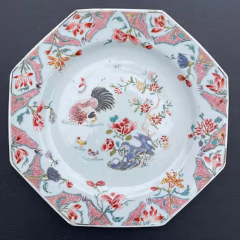 Chinese Antique famille rose plate with cockerel, 18th c #2095