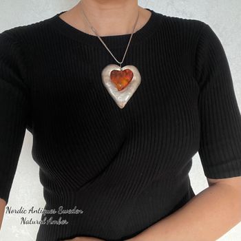 Unique Scandinavian design sterling silver pendent heart with baltic amber huge