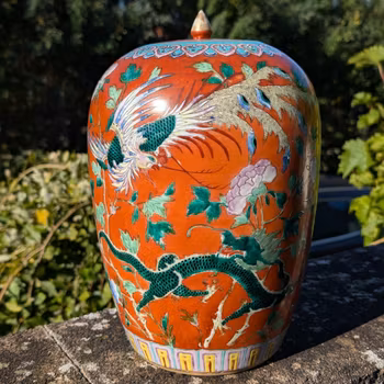 Chinese antique coral ground melon jar with dragon and phoenix, 19th c #2119