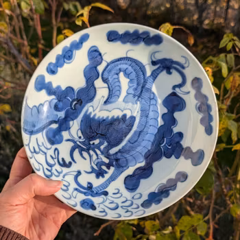 Chinese Antique underglazed blue and white over the wall Dragon plate, 19th century #2166