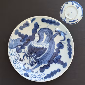 Chinese Antique underglazed blue and white over the wall Dragon plate, 19th century #2166