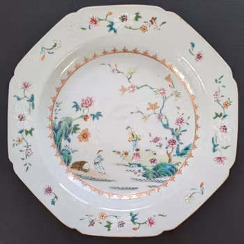 Chinese antique deep famille rose plate with figure decoration, 18th century #2175