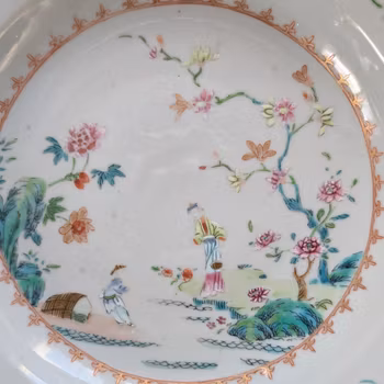Chinese antique deep famille rose plate with figure decoration, 18th century #2175