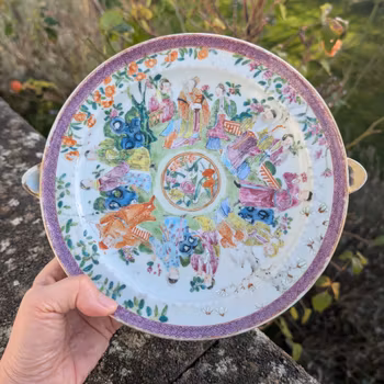 Chinese antique rose mandarin warming plate, 19th century 十二花神 #2182