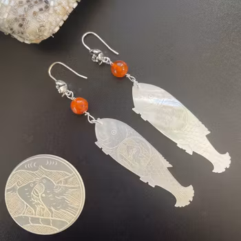 Handmade silver earrings with antique hand carved Chinese mother of pearl gaming counters chips tokens #2193