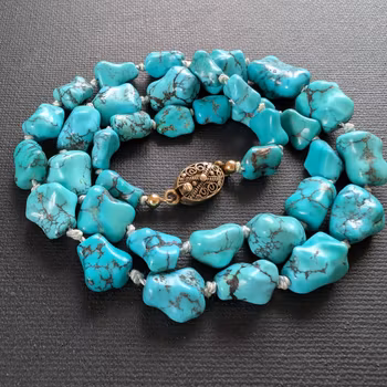 1960's Vintage Chinese export to Europe TURQUOISE beads necklace gilded sterling silver clasp #2201