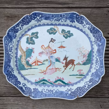 Chinese antique platter in underglazed blue and famille rose decoration, Qianlong period #2206