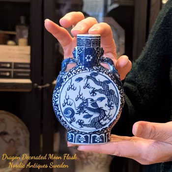 Chinese antique underglazed blue and white Moon flask with Dragon, 19th c #2225