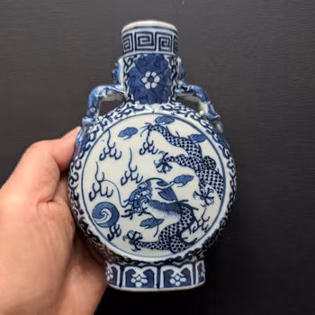 Chinese antique underglazed blue and white Moon flask with Dragon, 19th c #2225