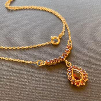 Antique Bohemian Garnet Necklace Gilt 925 Silver 45cm #2231