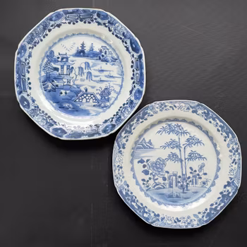 Two Chinese antique porcelain underglazed blue and white plates, Qianlong, 18th c #2218 & 2219